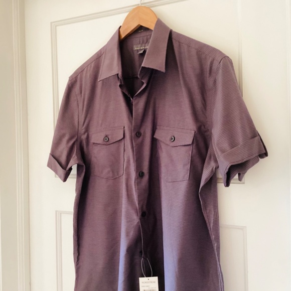Nordstrom Calibrate Men's Short Sleeve Button Down purple horizontal stripe L - Picture 4 of 13